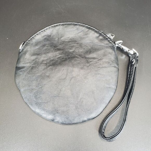 Black Leather Rosette Wristlet 5.75" Floral Round Clutch - Picture 3 of 6